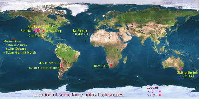 Locations of some large optical telescopes