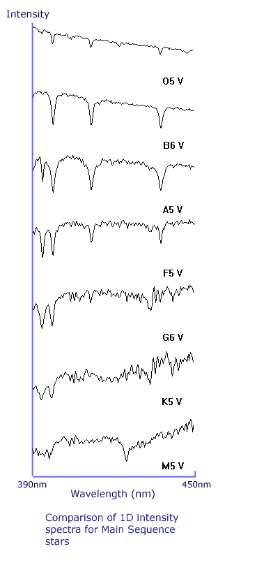 Comparison of intensity spectra for main sequence stars