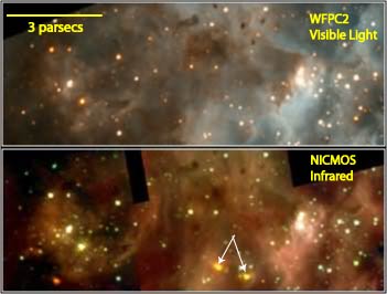 HST visible and infrared images of star forming region, 30 Doradus in the Large Magellanic Cloud.