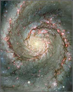 Dark dust lanes and bright HII regions in the spiral arms of M51, the Whirlpool Galaxy.