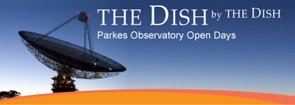 The Dish by The Dish, Parkes Observatory Open Days [Photo of the Parkes telescope at twilight with orange and red stripe across the bottom]
