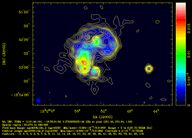 The nuclei of two colliding galaxies, NGC 4038/9 also called
 ``The Antennae'', observed at a wavelength of 13 cm.