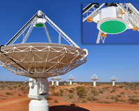 CSIRO's ASKAP antennas, installed with innovative new PAF receivers. A close-up of the PAF chequerboard is visible in the inset.