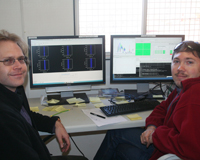 Aidan Hotan and Maxim Voronkov, members of the ASKAP Systems Commissioning team, in the control room at the MRO. Credit: CSIRO.
