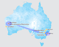 A map of Australia, with cirlces and arrows highlighting the Sydney (New South Wales) and Murchison Radio-astronomy Observatory (Western Australia) locations.