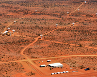 An aerial view of the MRO, dotted with ASKAP antennas connected by roads.