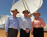 Minister John Day (left), WA Minister for Science and Innovation and Minister Chris Evans (centre), Australian Minister for Tertiary Education, Skills, Science with CSIRO's Chief Executive, Dr Megan Clark (right) at the Murchison Radio-astronomy Observatory, Western Australia for the Australian SKA Pathfinder official opening. Credit: Dragonfly Media.