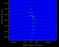 Image of PKS 0407-658 created using three ASKAP phased array feeds, the BETA software correlator with a single beam, single polarisation and a total bandwidth of 16 MHz. It shows a chart with a blue background and small white circle centred on 4 degrees 8 minutes in J2000 right ascension (x-axis) and -65 degrees in J2000 declination (y-axis); wave-like ripples extend in all directions from the circle.