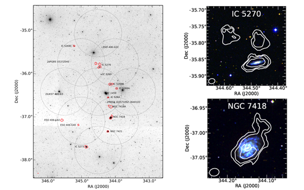 White contours (radio astronomy image) overlaid on an optical image of IC 5270. Credit: Serra et al.