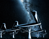 An artist's impression of white dish-like antennas of the SKA, set against a night-time representation of a galaxy of stars.