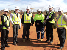 Visitors to the MRO. (L-R) Diane Forde, Steven Tingay, Minister John Day, Robin Boddington, Alec Coles, James Wyatt. Credit: Barry Turner, CSIRO.