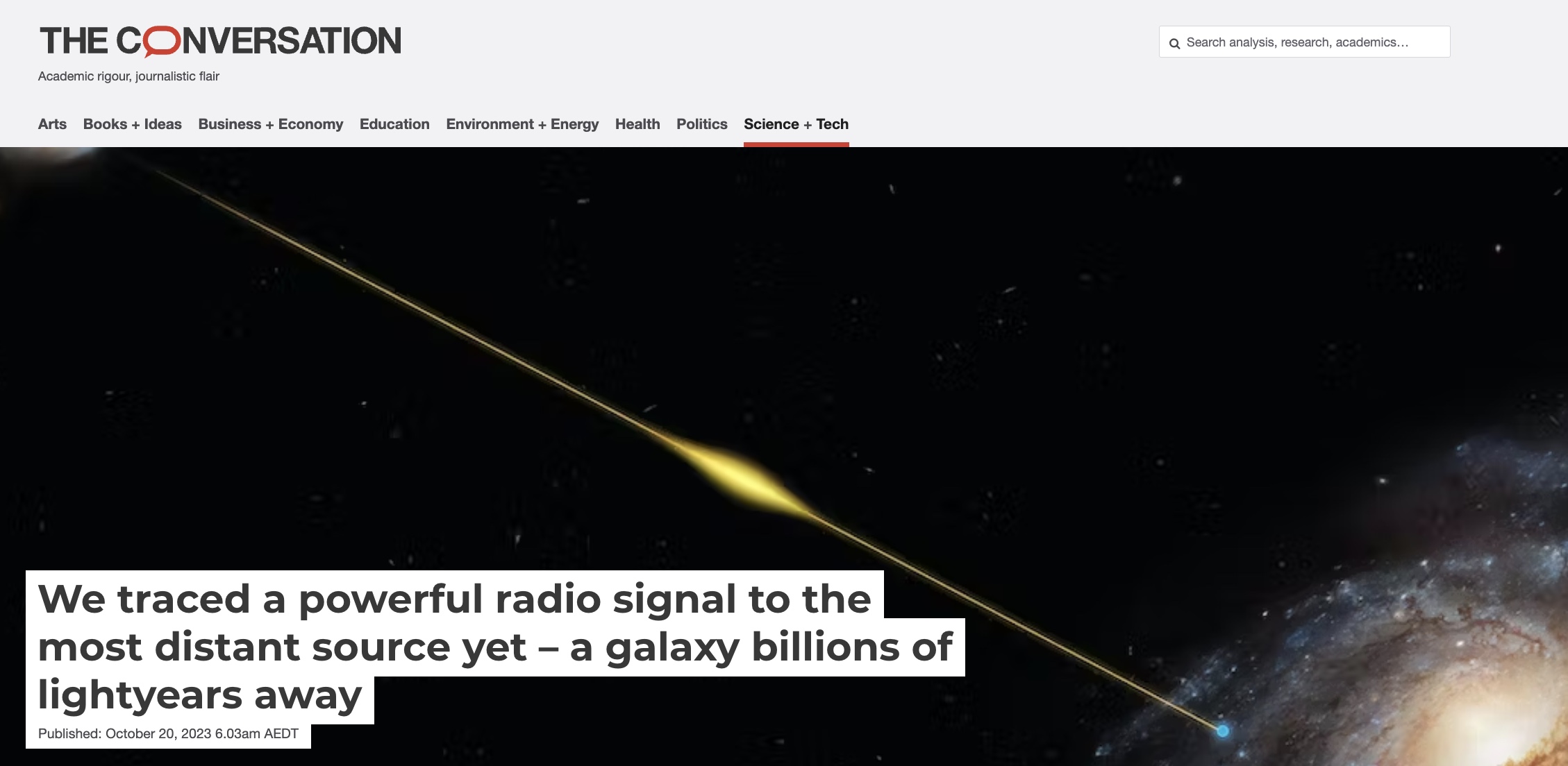 The lead banner to the article in The Conversation about the ASKAP detection of a Fast Radio Burst,
