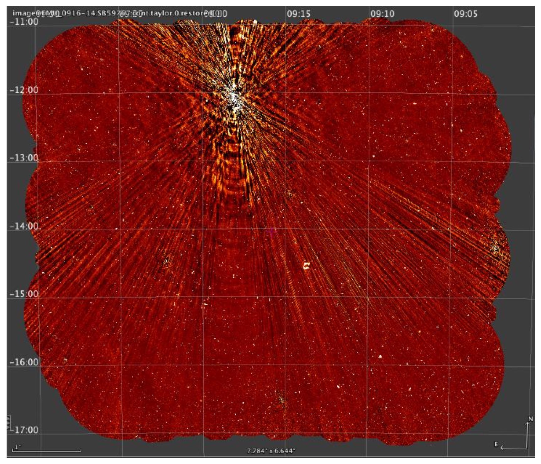 An ASKAP image from the standard pipeline processing of a field containing the galaxy Hydra A, showing significant imaging artefacts around the bright radio source.