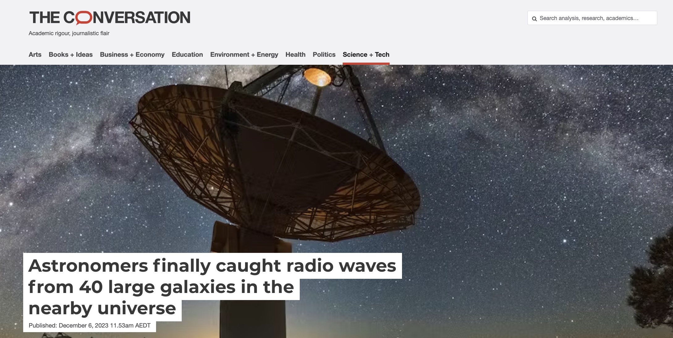 The lead banner to the article in The Conversation about the ASKAP detection local radio galaxies.