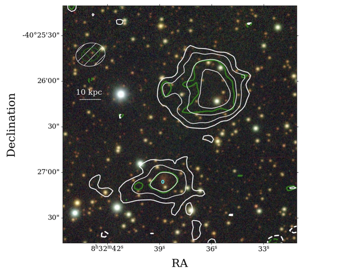 A MeerKAT image of the host galaxy of the Fast Radio Burst FRB20230718A, with the ASKAP localisation marked.