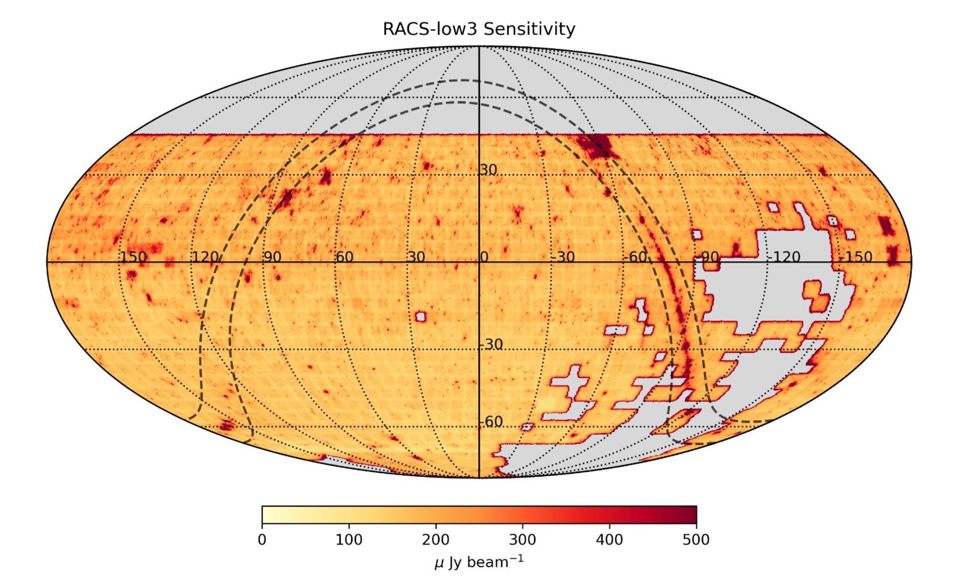 An image of the sky showing the noise level in each of the observed Rapid ASKAP Continuum Survey fields