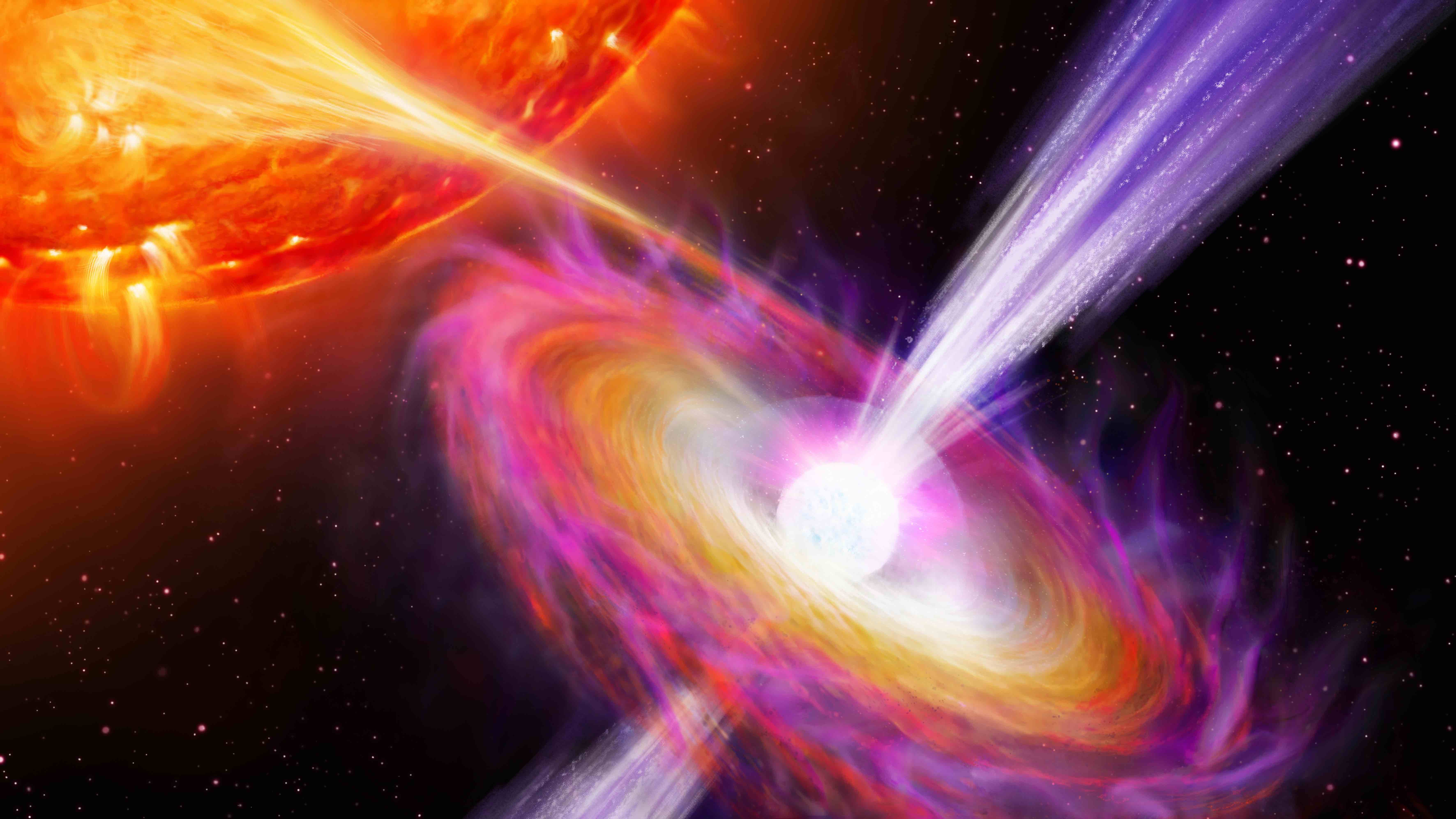 An artist's impression depicting how nuclear explosions on a neutron star feed the jets ejected from its magnetic polar regions.