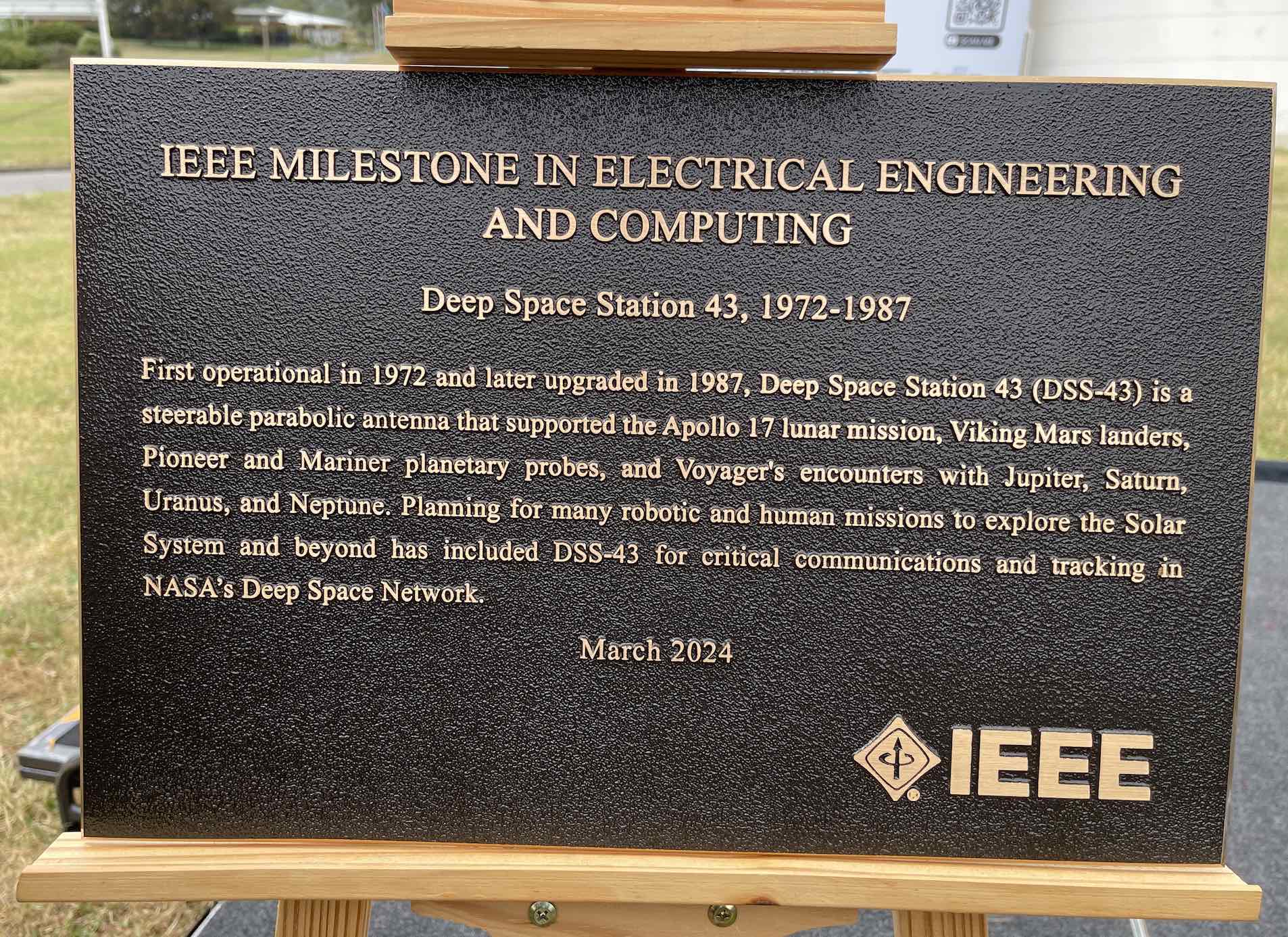 A close-up of the IEEE plaque presented to the Canberra Deep Space Communication Complex to honour the DSS-43 antenna.