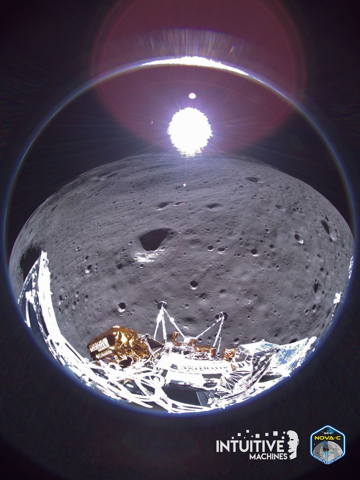 An image from the Intuitive Machines lunar lander Odysseus, with the cresecent Earth in the background.