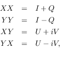 \begin{eqnarray*}
XX &=& I + Q \\
YY &=& I - Q \\
XY &=& U + iV \\
YX &=& U - iV, \\
\end{eqnarray*}