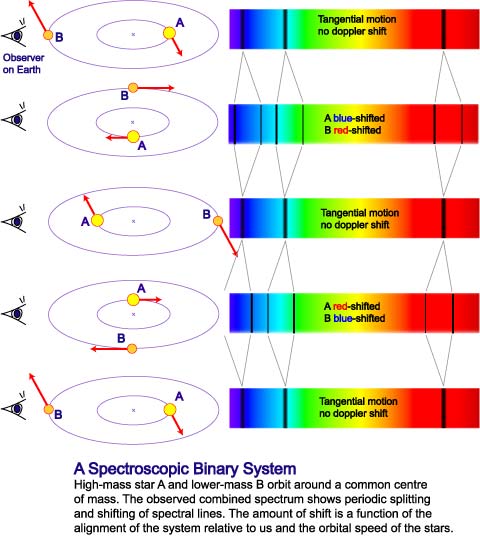 Schematic showing periodic shifting of spectral lines in a spectrosciopic binary system.