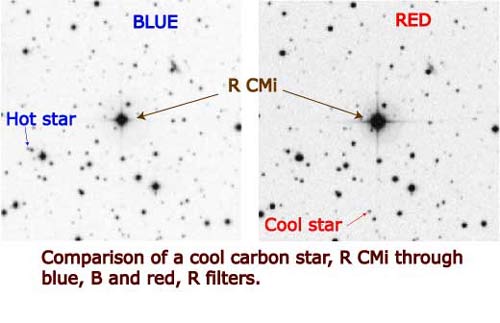 Comaprison of a cool, red carbon star R CMi through blue, B and red, R filters.