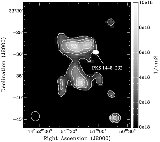 HI column density map of gas clumps in the direction of PKS 1448−232, observed with the VLA