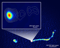 Zooming into the heart of quasar PKS0637-752. Credit: ATCA image: L. Godfrey (Curtin Uni.) and J. Lovell (Uni. of Tasmania). Image from telescope network: S. Tingay (Curtin Uni.) et al.