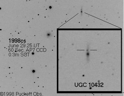 The CCD image of the discovery of Supernova 1998cs taken by Tim Puckett on a 30cm telescope using an Apogee CCD camera and a 60 second exposure.